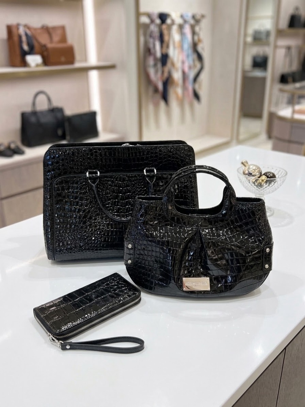 3 Pc Black Croc Embossed Patent Set WHBM Purse, Bueno Laptop Bag & Zip Wristlet